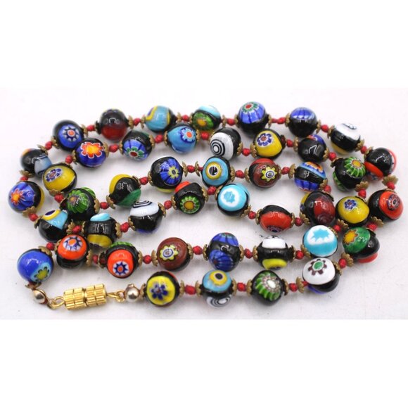 Glass Bead Necklace Jewelry - Venetian Millefiori Italian Glass Murano Bead Necklace Screw Clasp 22" Vintage